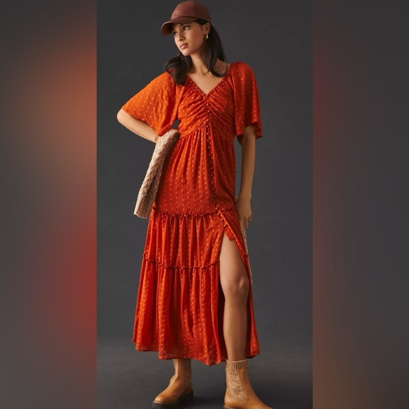 NWT Anthropologie Ruched Tiered Dress Terra Cotta Size XS - Picture 1 of 15